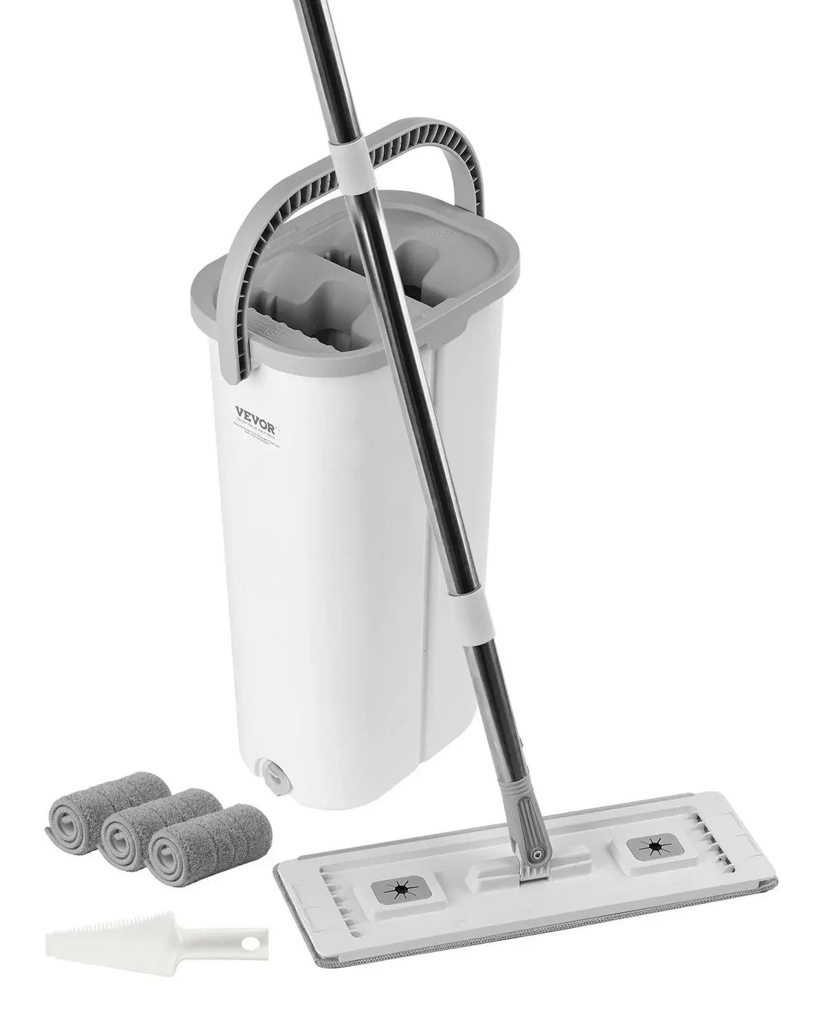 【toolupgrade】【Auction】VEVOR Mop and Bucket with Wringer Set, Wet & Dry Use, Flat Mop and Bucket System with 3 Washable Microfiber Pads, Flat Mop with Stainless Steel Handle, Mop Bucket Set for Hardwood Tile Vinyl