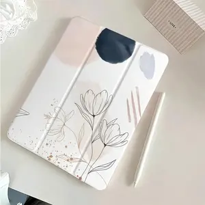 This Tri-fold Pen Slot Tablet Case Features a Simple Floral Design and Is Compatible With IPad Mini 6/4, IPad Air 5/4/3, IPad Pro 2024/2022/2020 Series, Galaxy A9/A8/A7, and S10/S9/S8/S7/S6 Series. It Also Features Automatic Wake-up and Sleep Functions.