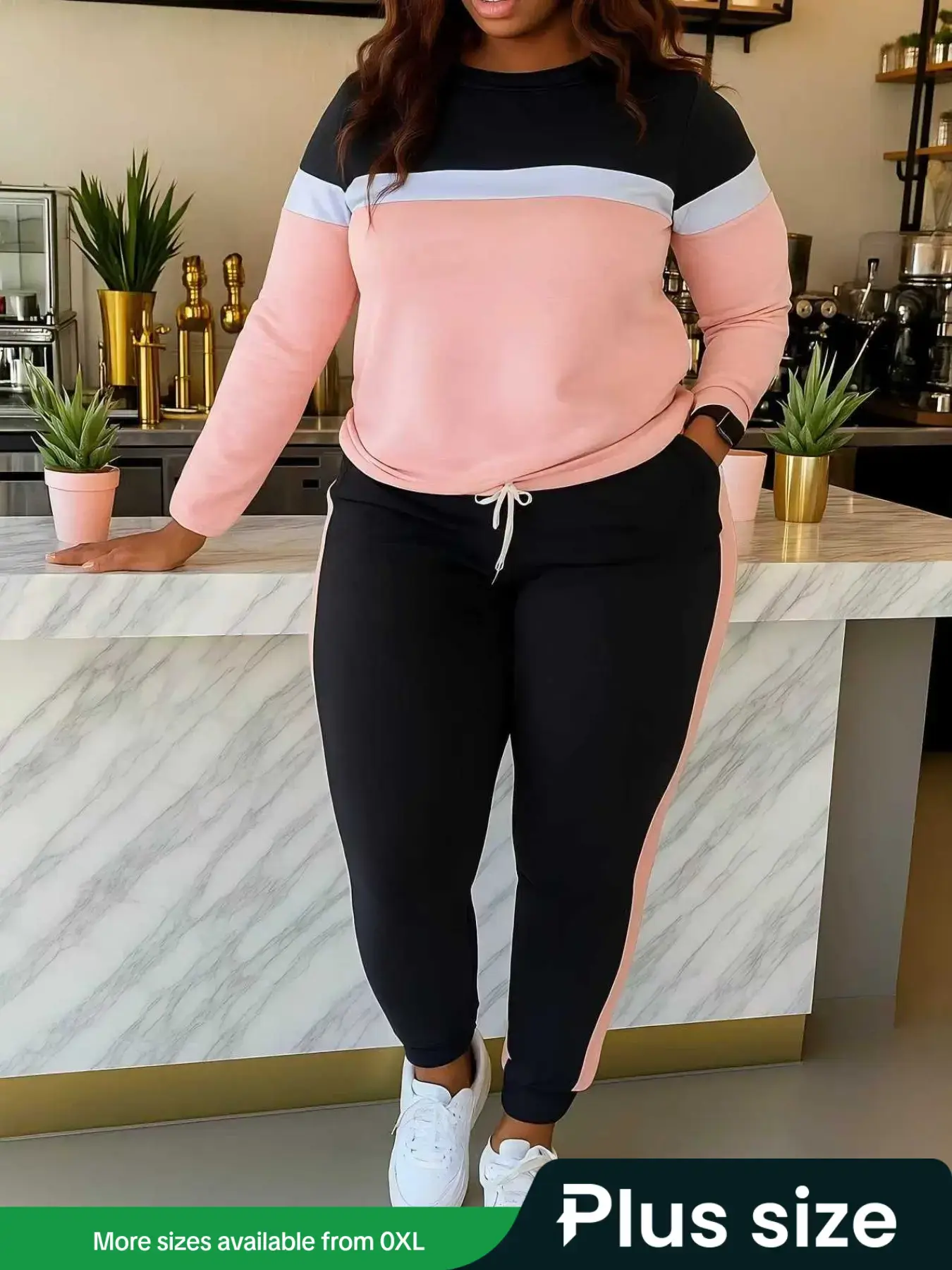 Plus Size Two Piece Tracksuit for Women – Color Block Sporty Round Neck Long Sleeve Top and Drawstring Pants Set, Casual Sporty Outfit, Sports Casual Wear, Workout Casual Wear