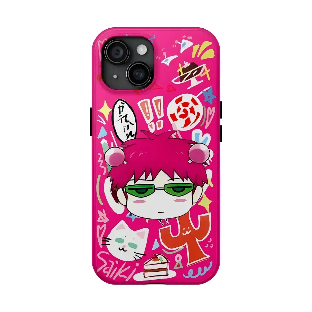 Rose Pink Film Shell Anime Saiki Kusuo INS Phone Cases for IPhone 17 Promax Pro Air 16 Plus 15 14 13 12 11 Glossy HD Hard TPU PC Unique Artistic Cover Protection