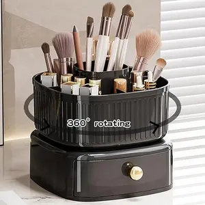 360° Rotating Makeup Brush Holder Organizer with Drawer, Cosmetic Makeup Organizers Countertop, Makeup Organization and Skincare Storage for Vanity, Desktop, Bathroom