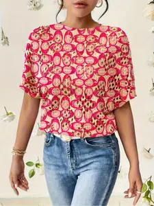 Women's Geometric Pattern Colorblock Print Round Neck Sweater, Casual Chic Batwing Sleeve Knitwear for Fall Winter, Comfortable Warm Top