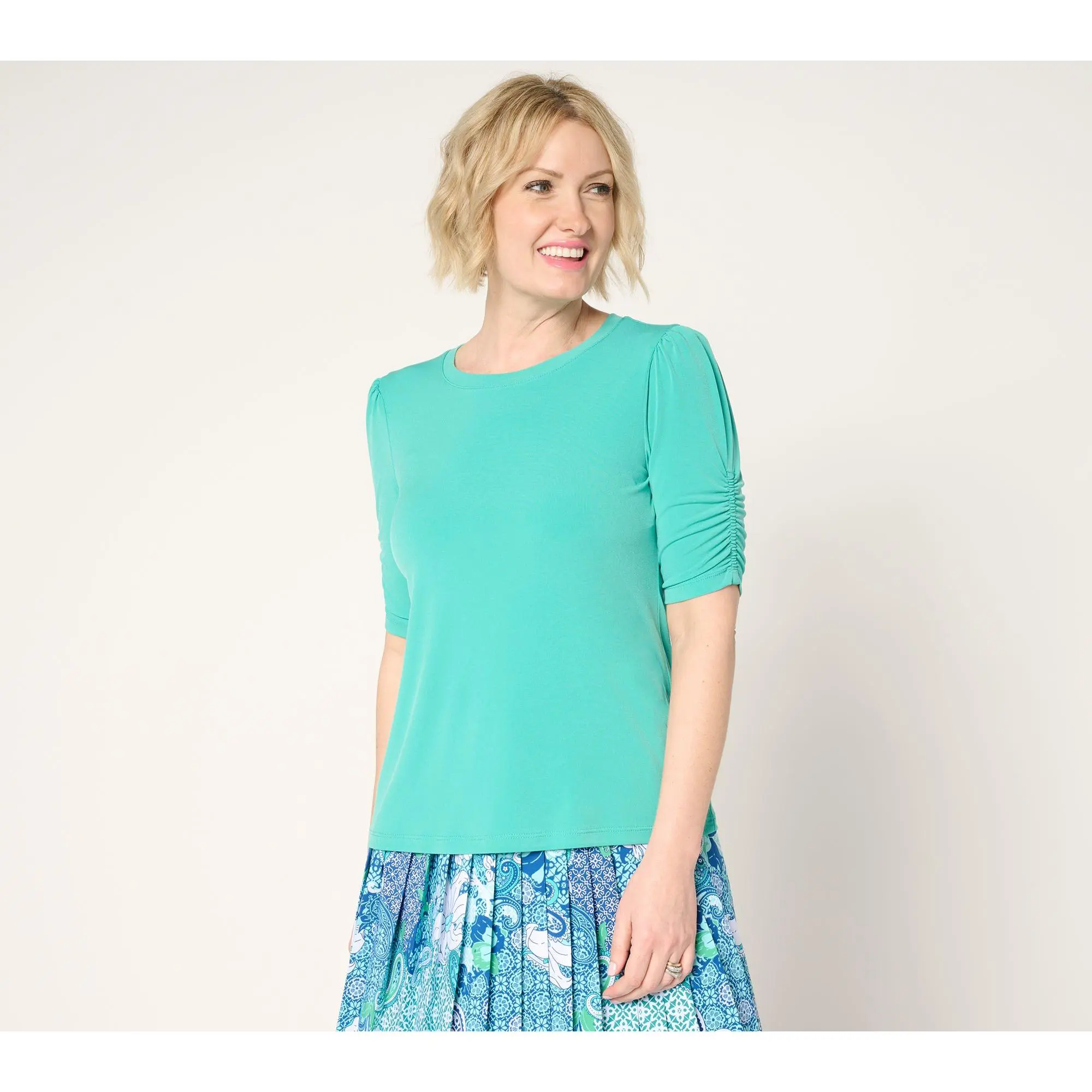 Susan Graver Courtside Social Liquid Knit Top with Ruched Sleeves