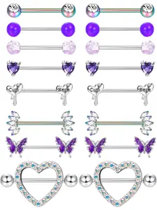 8 Pairs 14G Nipple Piercing Set Surgical Steel Nipple Piercing Hoop Butterfly Heart CZ Nipple Rings with Chain Tongue Bars Nipple Piercing Jewelry for Women Body Piercing Kit