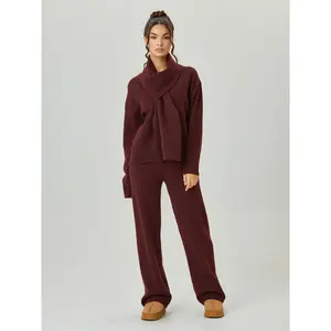 Women’s slouchy solid-color V-neck long-sleeve knit sweater co-ord set with scarf and wide-leg trousers