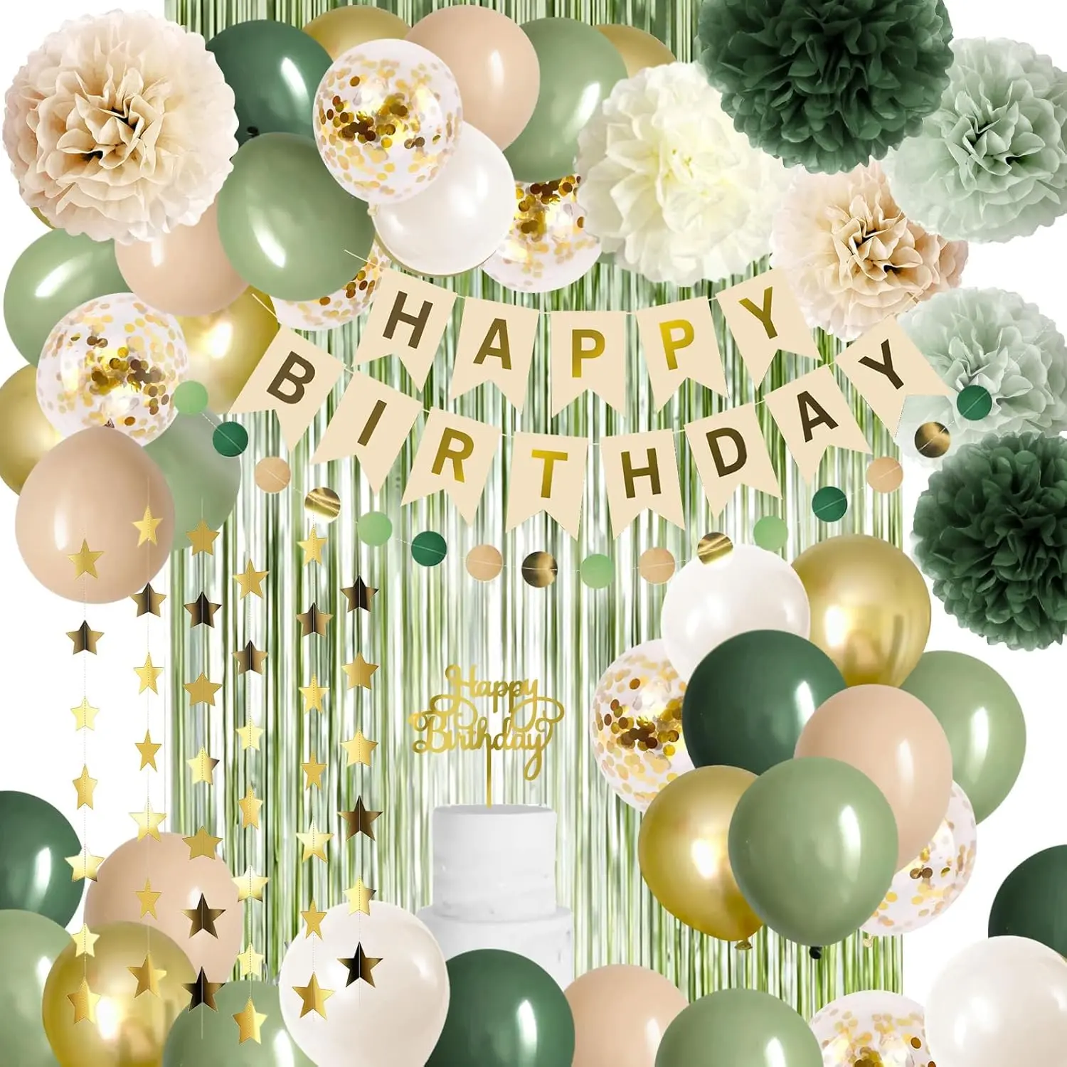 Sage Green Birthday Decorations Olive Green Happy Birthday Party Decorations Nude Retro  Balloon Banner Paper Pom Poms Greenery Neutral Rustic Decor Supplies  Girls Women
