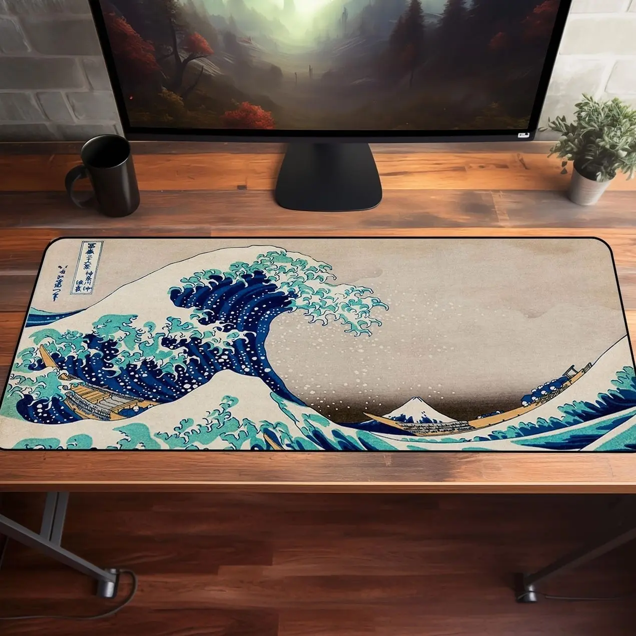 Great Wave Mouse Pad Large Japanese Art Desk Mat Inspired by Hokusai Ukiyo-e Print for Office Decor or Gaming Setup