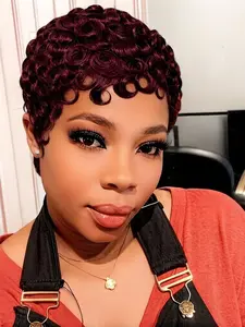 Short Wave Human Hair Wig, Full Machine Made Natural Curly Pixie Wigs for Women, Retro Style with Defined Curls