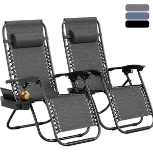 Zero Gravity Chair Set of 2 – Outdoor Patio Lounge Chair with Pillow and Cup Holder Tray, Adjustable Recliner, Folding Portable Camping Chair for Deck, Beach, Yard, and Garden