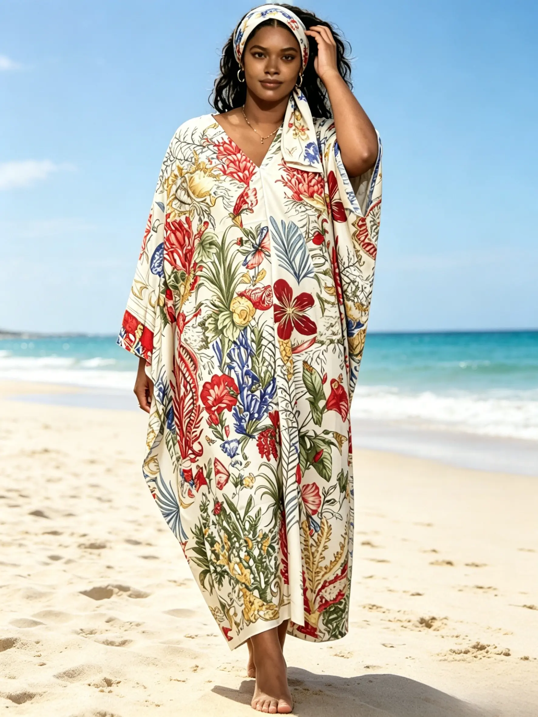 1 dress+1 headscarf plus large size cream base floral butterfly print Kaftan dress with matching headscarf two-piece set for women's loose Muslim robe vacation Caftan Beach beach cover Beach Kaftans long nightgown