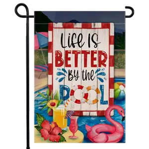 Flamingo Juice 1 pc, 12x18 in Summer Garden Flag - Double Sided Yard Flag for Home Decor & Yard Decor, No Pile, 1 pc