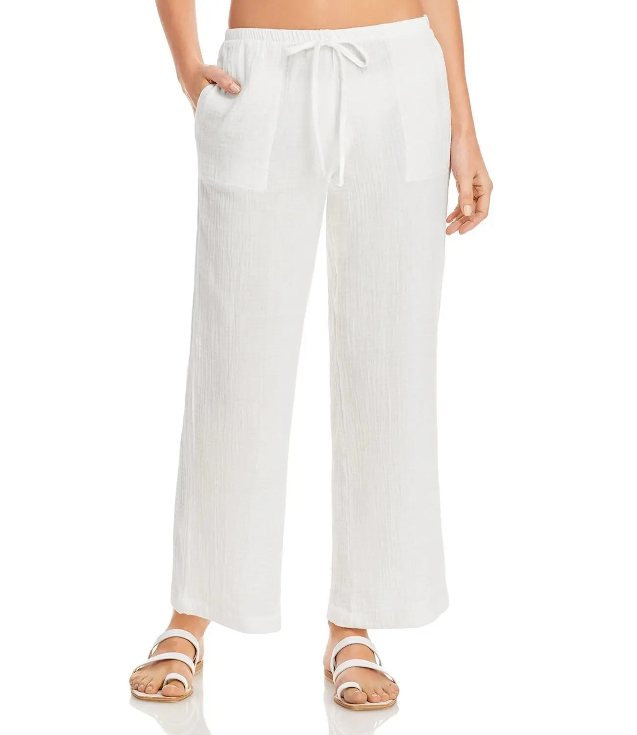 MSRP $58 J. Valdi Womens Pull On Beachwear Basic Pants Lite Weight Cover-Up WHITE Cotton