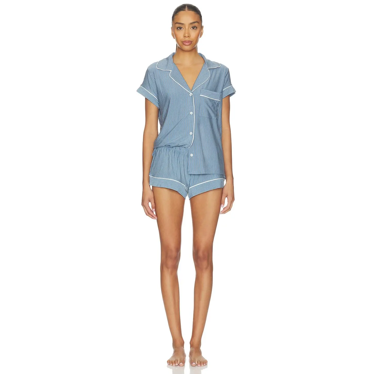 eberjey Gisele Printed Shortie Pajama Set in Duo Stripe Slate Blue & Ivory