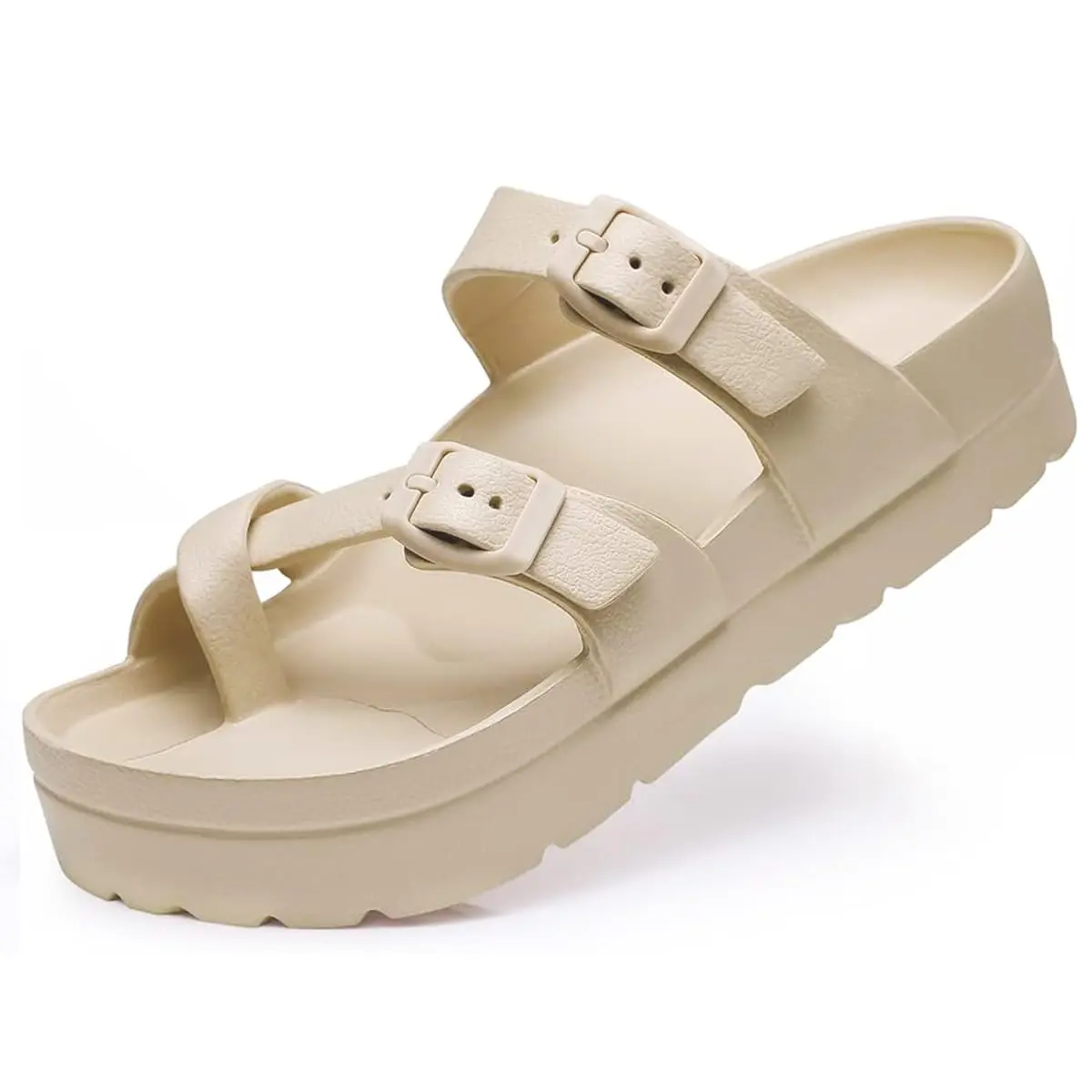 Women's comfy sandals - Arch Support, Comfortable Foam Slides with Adjustable Buckle, Lightweight Thick Soles | Ultra Cushion Footwear Girl Summer Suede Buckled platform sandals Khaki