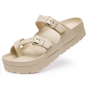 Women's comfy sandals - Arch Support, Comfortable Foam Slides with Adjustable Buckle, Lightweight Thick Soles | Ultra Cushion Footwear Girl Summer Suede Buckled platform sandals Khaki