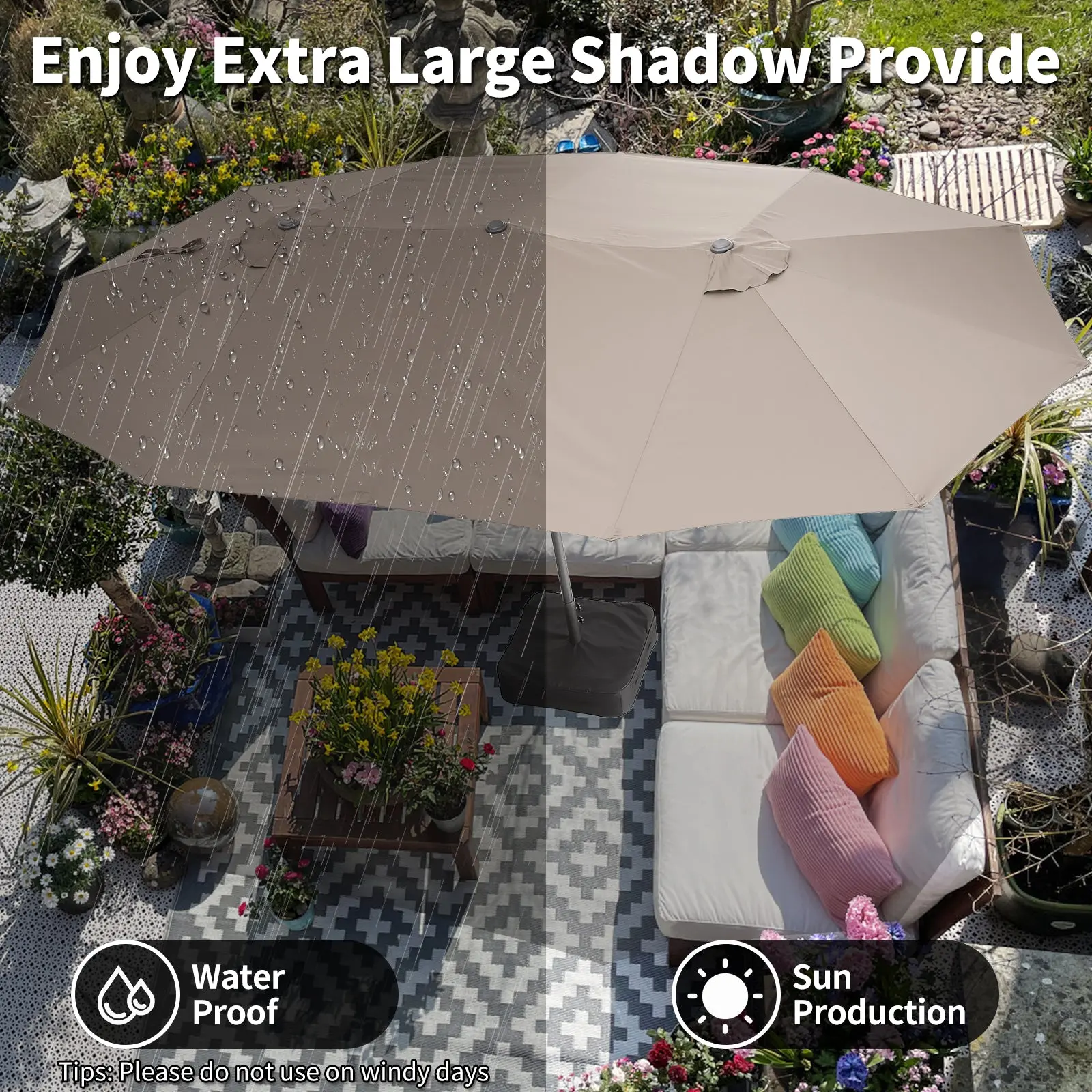 GARVEE15x9 Ft Extra Large Double-Sided Patio Umbrella with Base and Crank  Handle, UV-Protective Outdoor Rectangle Market Umbrella for Garden, Backyard,  Lawn, Poolside in Khaki, Dark Grey, Navy Blue, and Wine Red -