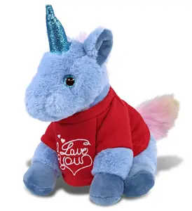 DOLLIBU 9" Blue Unicorn Stuffed Toy - Super-Soft Polyester Plush, Red "I Love You" Shirt, Romantic Bedroom Accessories for Adults, Adults Bedroom Accessories