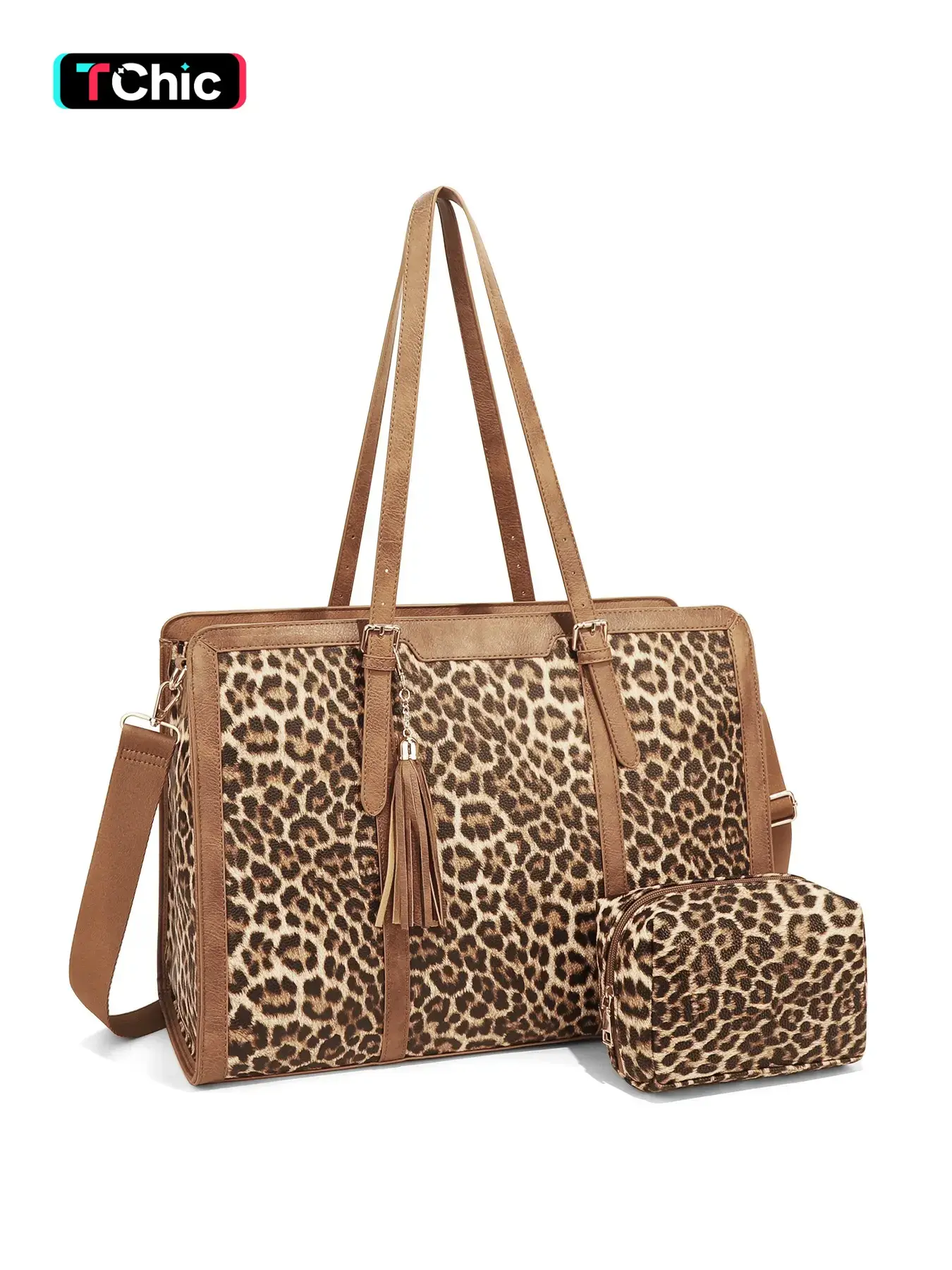 Leopard  Laptop Bag for Women 15.6 inch Lightweight Tote Bag, Bohemian Crossbody Shoulder Bag, Large Capacity Computer bag with Clutch Purse for Business, Work, Office, Travel, School,Casual