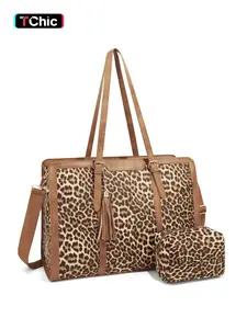 Leopard  Laptop Bag for Women 15.6 inch Lightweight Tote Bag, Bohemian Crossbody bag, Large Capacity Computer bag with Clutch Purse for Business, Work, Office, Travel, School,Casual