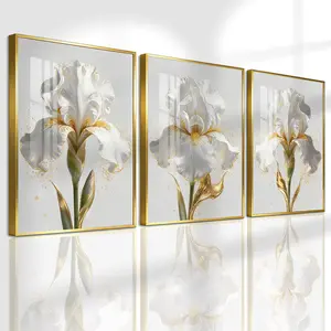 3 Count Aluminum Alloy Frame Canvas, Fashion Poster, White And Gold Iris Flower, Modern Living Room Decoration, Light Luxury Family Art, Suitable For Bedroom, Corridor And Office Wall Decor, Gift