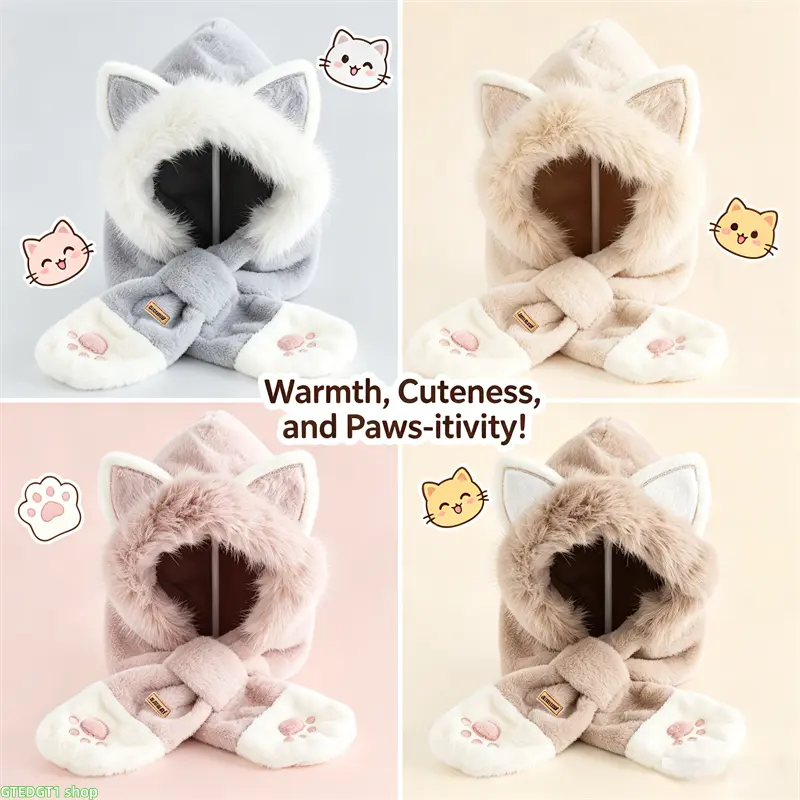 Plush Cat Ear Integrated Hooded Scarf Hat, Thick Fleece Neck Warmer With Paw Embroidery Cuffs, Multi Pastel Color Soft Windproof Animal Ear Thermal Head Wrap, Fall And Winter Cold Proof Accessory For Outdoor Skiing And Daily Trips homedecor