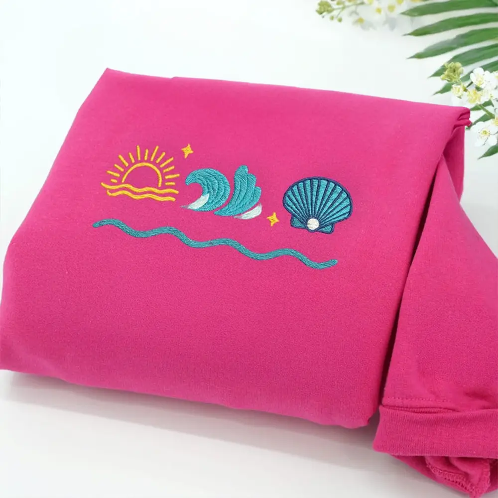 Sun Wave Seashell Embroidered Sweatshirt, Minimalist Beach Crewneck, Ocean Aesthetic Sweatshirt, Summer Gift, Surf Style Crewneck