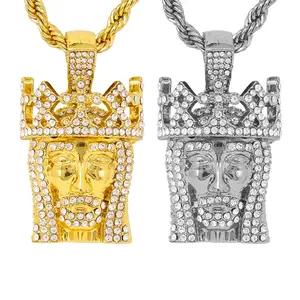 Iced Gold Silver Plated King Jesus Lab Diamonds Religious Pendant & 4mm 24" Rope Chain Necklace Fashion Jewelry Gift For Men, Women