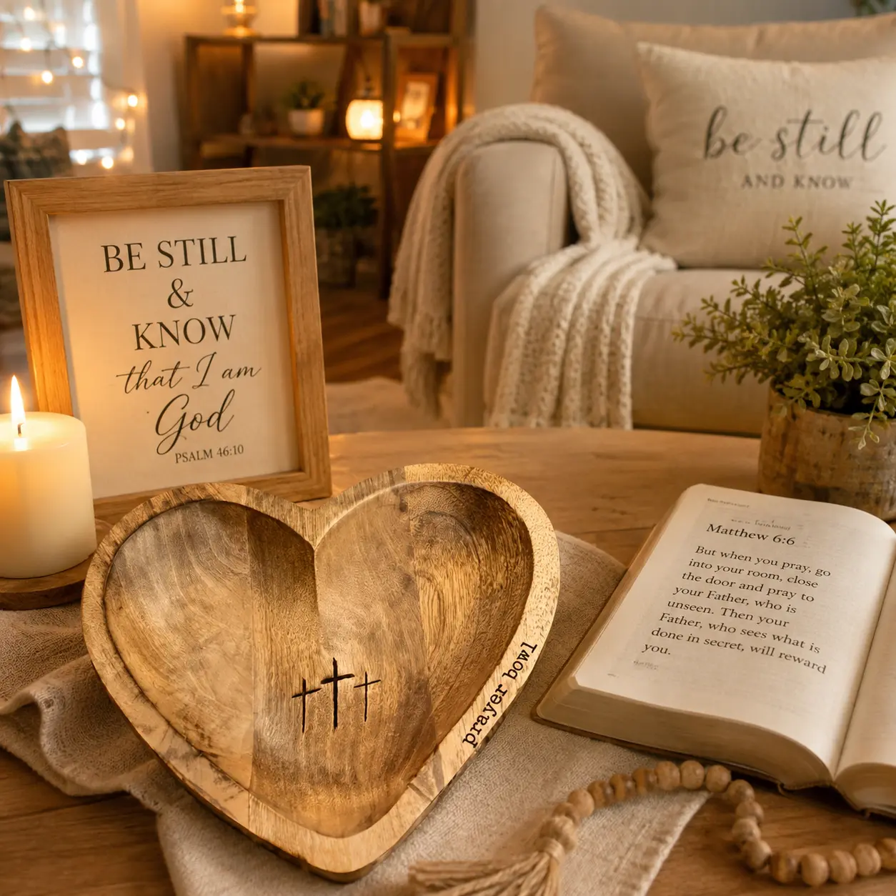 Prayer Bowl with 30 Cards Heart Wooden Christian Gifts for Friend Decor Bowl Mothers Day Gifts Birthday Religious Gift for Mom Dad Daughter or Husband Ornaments Log Color child boys girl Decorative Statue  Mini  Ornament Set