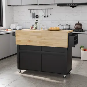51’’ Rolling Kitchen Island with Drop Leaf, Mobile Kitchen Cart on Wheels with Drawer and Storage Cabinet, Island Table for Kitchen with Rubber Wood Top and Spice Rack, Towel Rack, Black/White