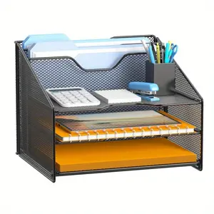 Mesh Desktop File Organizer with 3 Paper Trays & 2 Vertical Compartments, Multi-Functional Letter Tray Holder for Office Supplies, Desktop Accessories & Workspace