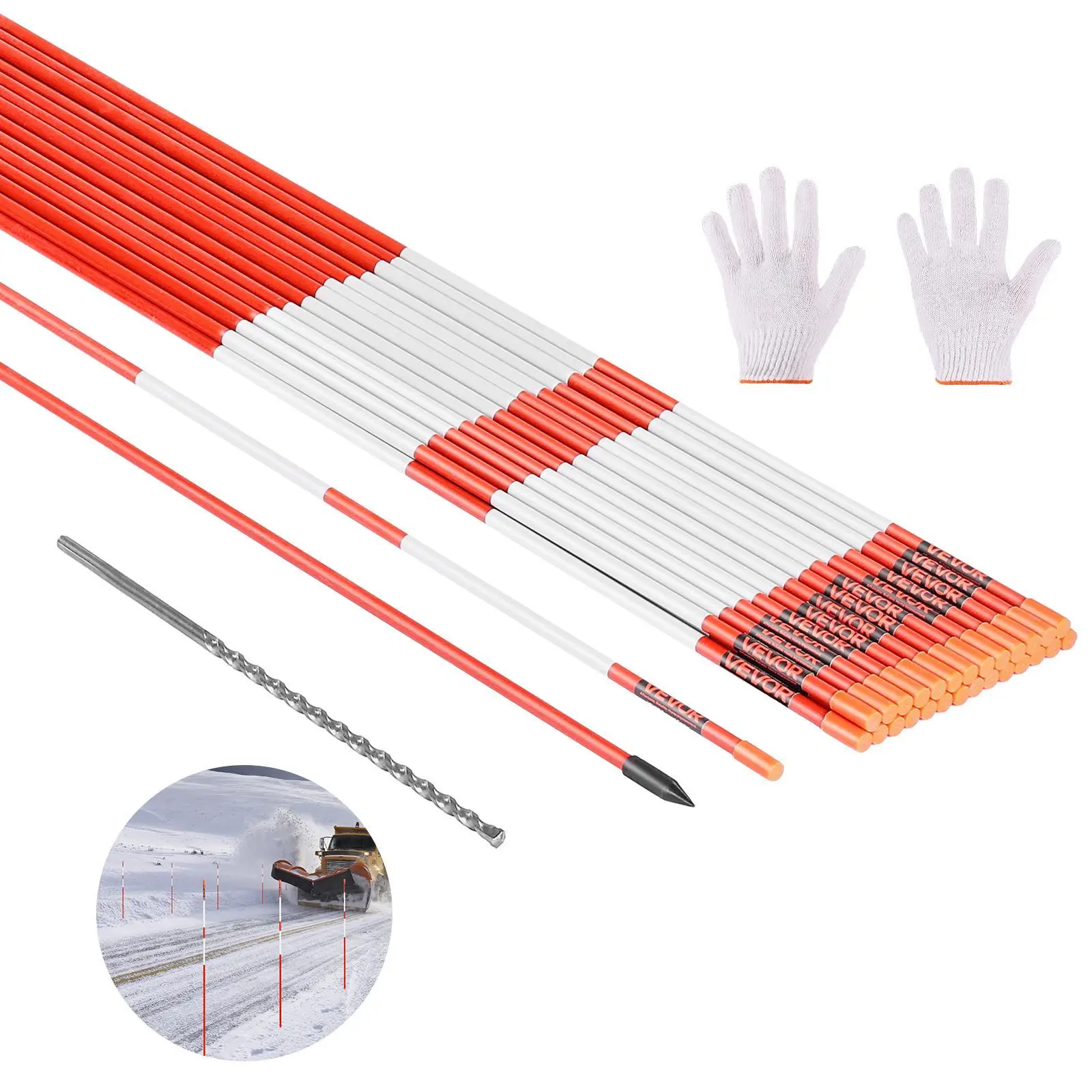 【DealsForYouDays】VEVOR Driveway Markers, 20Pcs 58 in Long 5/16 in Dia, Hi-Visibility Driveway Reflectors with 12 in Steel Drill Bits, Reflective Snow Sticks Fiberglass Pole for Parking Lots, Walkways, Snow Plowing