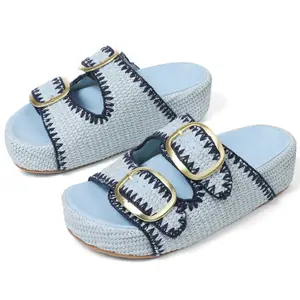 Raffia Sandals for Women Platform Slide Sandals Espadrille Adjustable Double Buckle Summer Comfortable Cute Woven Casual Beach Shoes slippers outdoorfun
