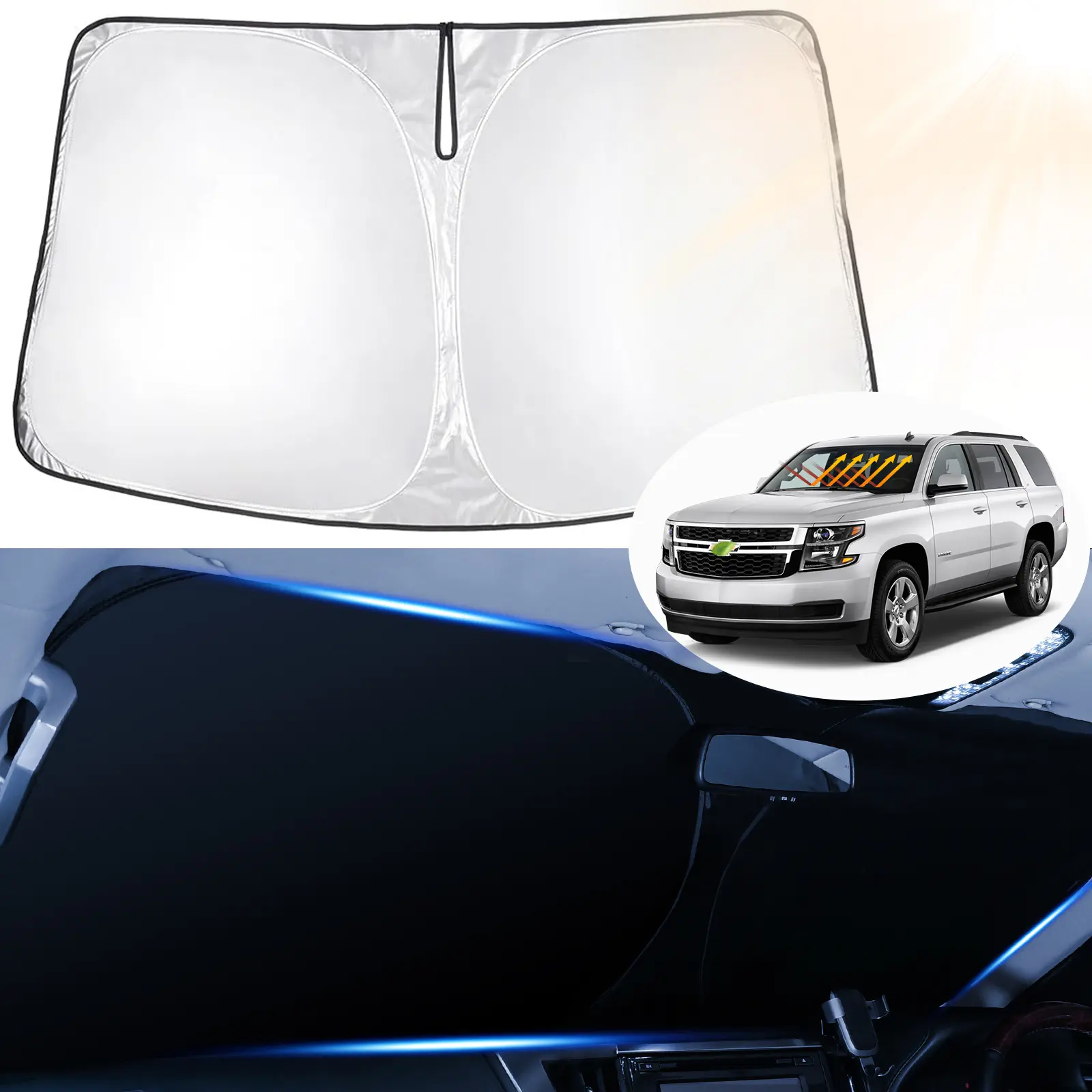 Canvcle Collapsible Window Sunshade for Chevrolet Tahoe/GMC Yukon 2015-2020, Exterior Car Outside Sun-Proof Front Windscreen Cover, 240T 5-Layer UV Protective Accessory Blocks Up to 99% UV Rays to Keep Cool, Windscreen Shade Cover