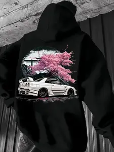 Men's Black Pullover Hoodie - Japanese Cherry Blossom & Sports Car Graphic Print Streetwear Sweatshirt