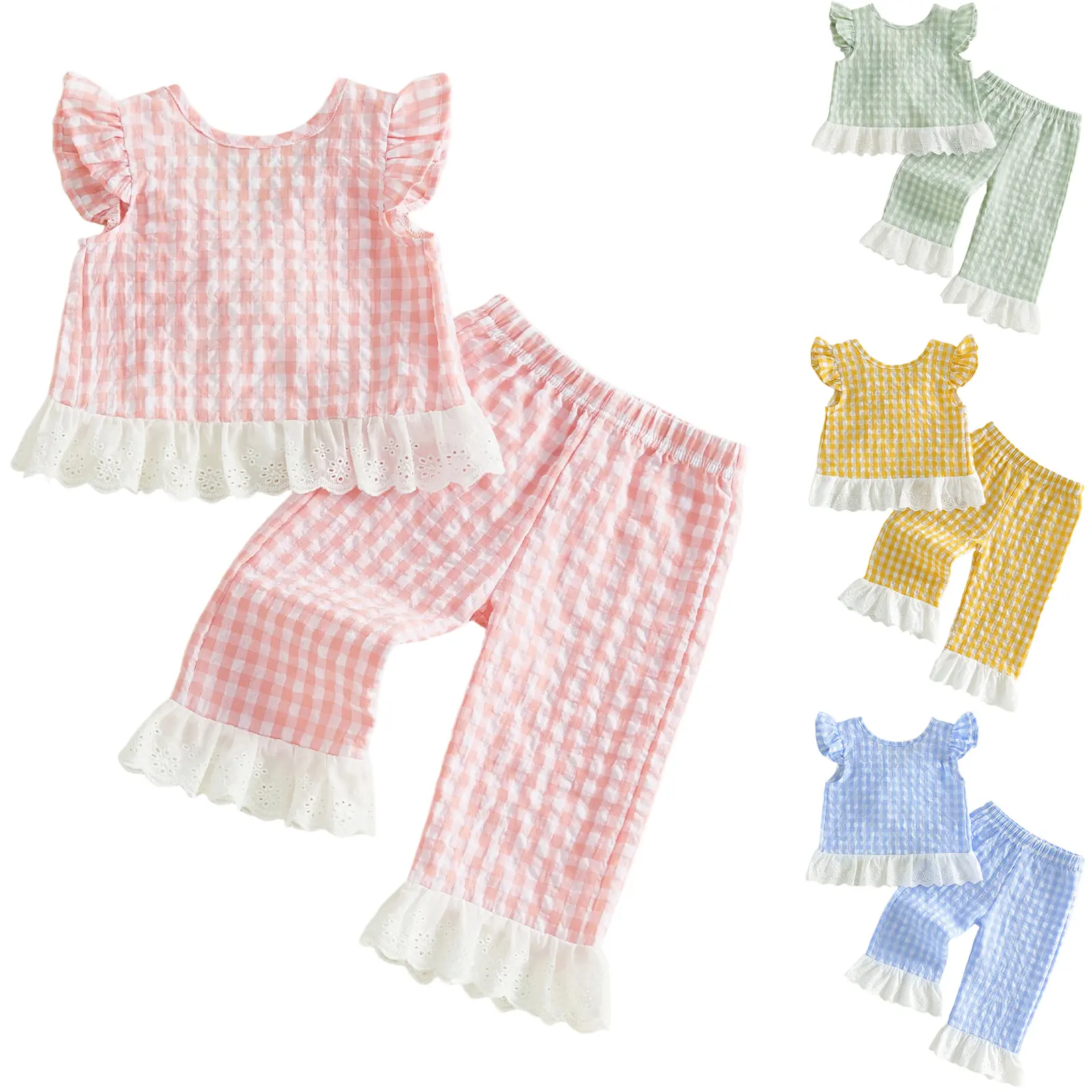 PYBCVRRD Toddler Baby Girls 2-Piece Summer Casual Wear Clothing Set - Flying Sleeve Plaid Vest Tops, Pants - Baby Clothes Girl, Toddler Style Outfit for 0-3 Years