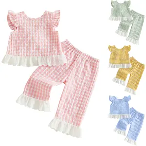 PYBCVRRD 2Pcs Toddler Baby Girls Summer Outfits Set Flying Sleeve Plaid Print Vest Tops and Pants Clothing Set 0-3 Years