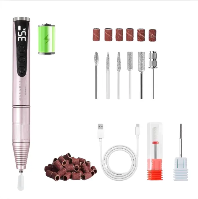 Makartt Professional Electric Nail Drill Kit, 35000RPM Rechargeable Portable Manicure Tool with LED Display, 3xf Carbide Bit, 6 Sanding Bands, 7pcs 3/32” Drill Bits for Acrylic, Gel Polish, Dead Skin Removal, Detailed Cuticle Work, Low Noise, Minimal Vibr