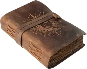 Sun & Moon Embossed Vintage Leather Journal | 240 Pages of Antique Handmade Deckle Edge Vintage Paper, Leather Sketchbook, Drawing Journal, Great Gift