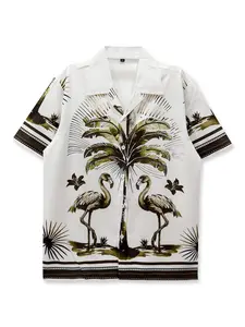 Leaf Print Tropical Shirt in Off-, Vintage Style, Asymmetrical Design, Casual Vacation Wear, Short Sleeve Hawaiian Shirt for Relaxed Outings, Tops