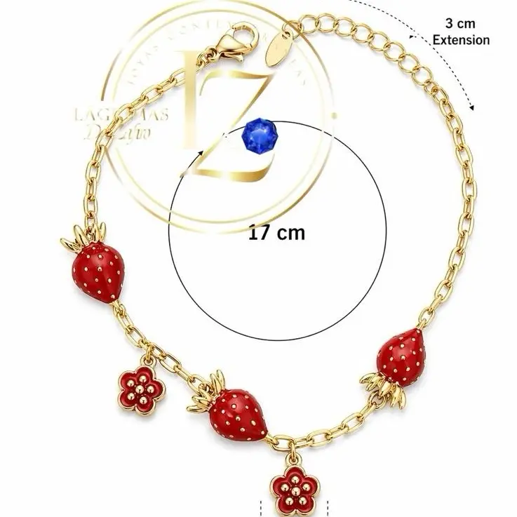 17 cm Strawberry & Flower Charm Bracelet with 3 cm Extension Gold Tone Chain