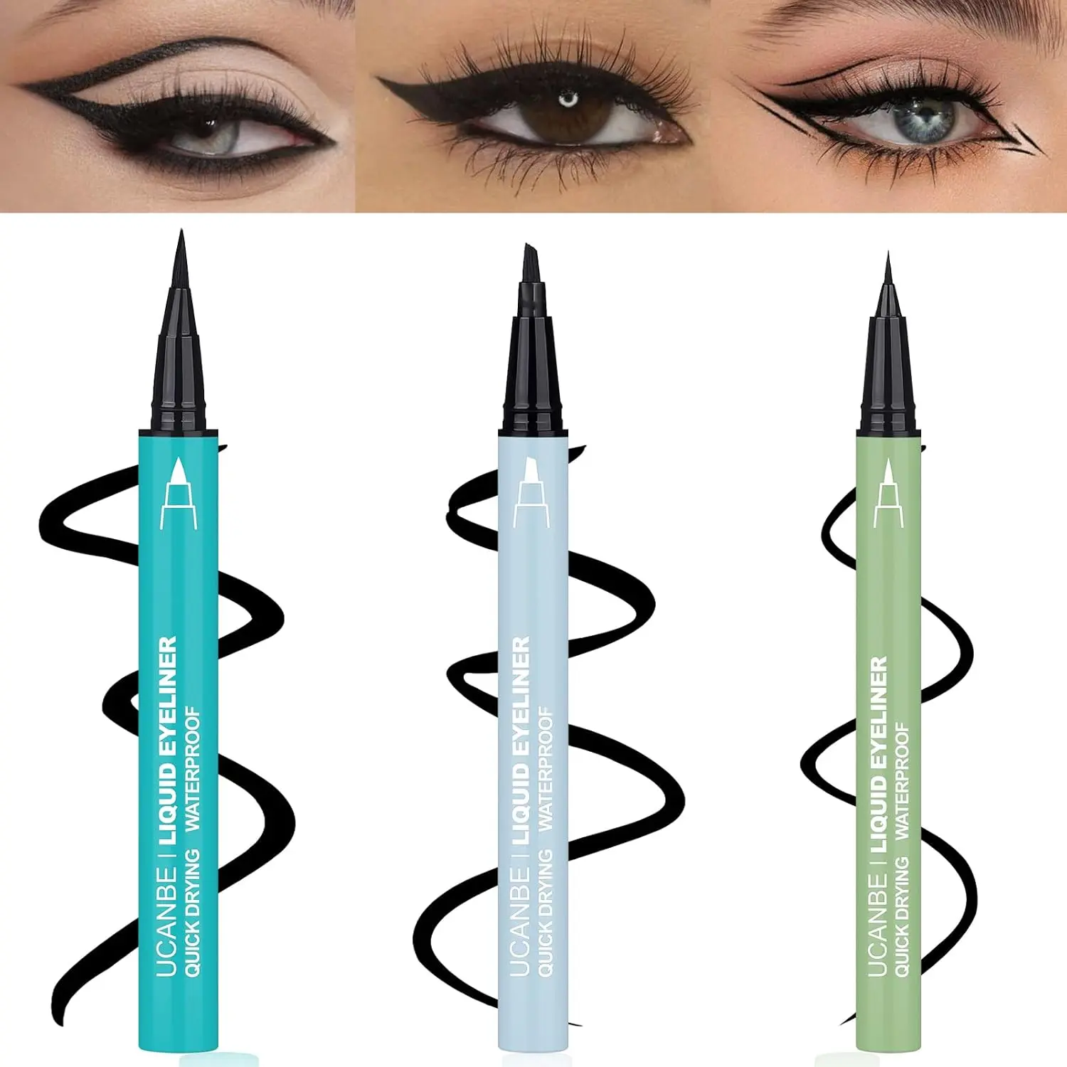 UCANBE 3pcs Black Liquid Eyeliner Multi-Pack Cosmetic - Micro Fine, Slim Angled, Thick Marker Brush Tips for Precision, Waterproof, 24H Long-Wear, Quick Dry, Smudge-Resistant, Ideal for Daily & Bold Looks, Gifts, Makeup, Long Wear Eyeliner, Tightline Eyel