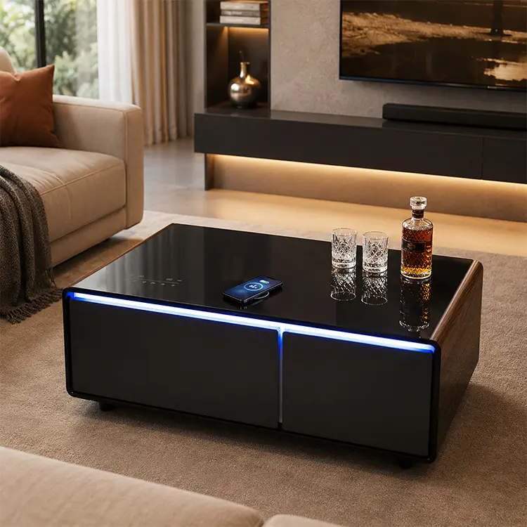 Coffee Table with Fridge and Freezer Drawer, Smart Center Table with USB Charging Ports, Bluetooth Speaker for Living Room, Modern Home Furniture