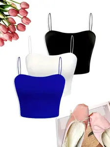 Women's Solid Color Crop Cami Top, Casual Sleeveless Spaghetti Strap Top for Summer, Ladies Clothes for Daily Wear, Spaghetti Tops