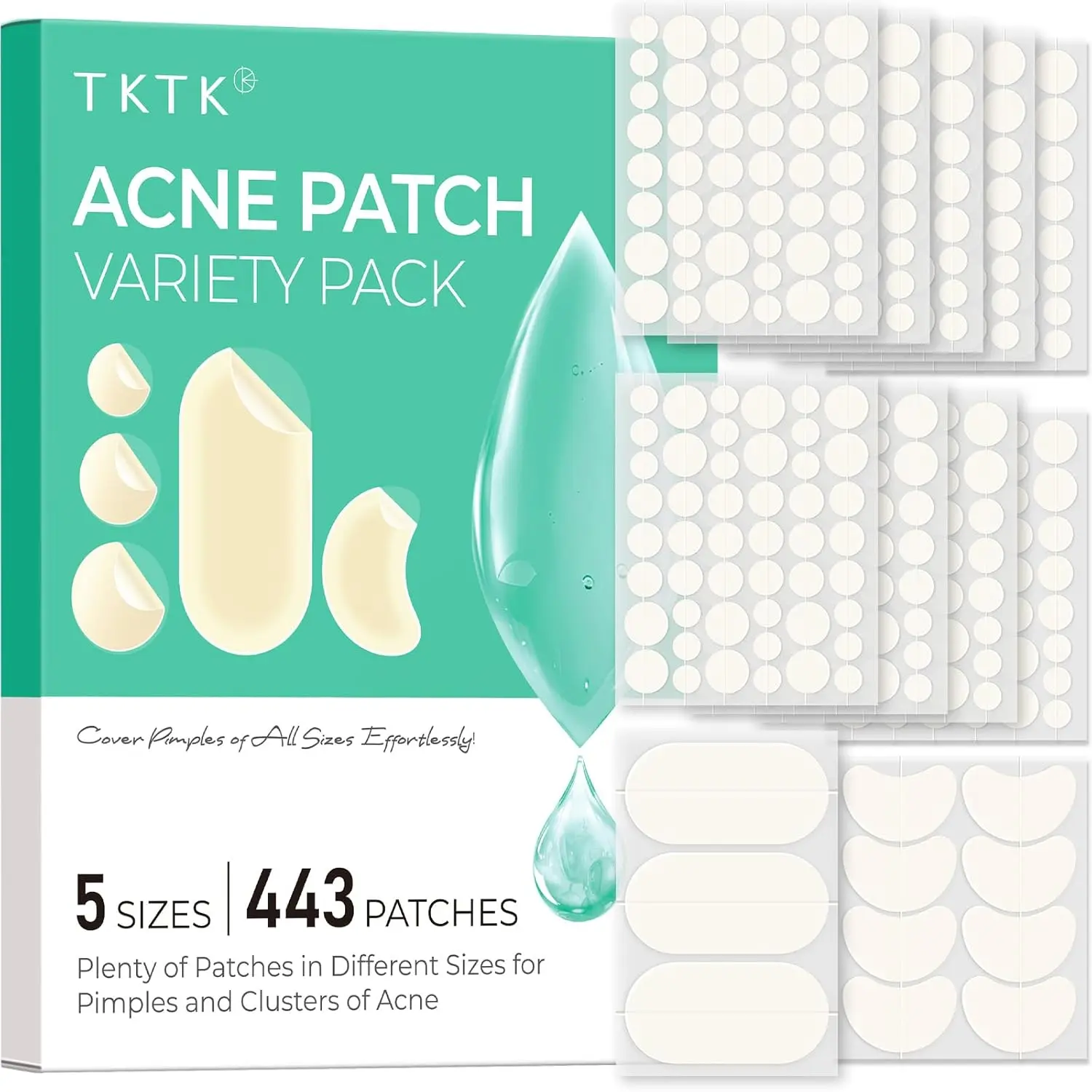 TKTK Hydrocolloid Pimple Patches Multi-Pack (443-Count, 10g Peelable) - Anti-Acne Stickers with Contoured Sizes, Dots, Strips for Blemishes Treatment & Skin Repair on Cheeks (All Skin Types), Patch, Non Toxic, Turns White To Peel, Cheek Blemish, Peelable,