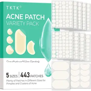 TKTK 443-Count Pimple Patches for Face, Hydrocolloid Acne Patch, Acne Stickers for Covering Cheeks, Forehead, Chin Blemishes Zit Breakouts for All Skin Types (Dots, Strip, Contoured 5 Sizes)