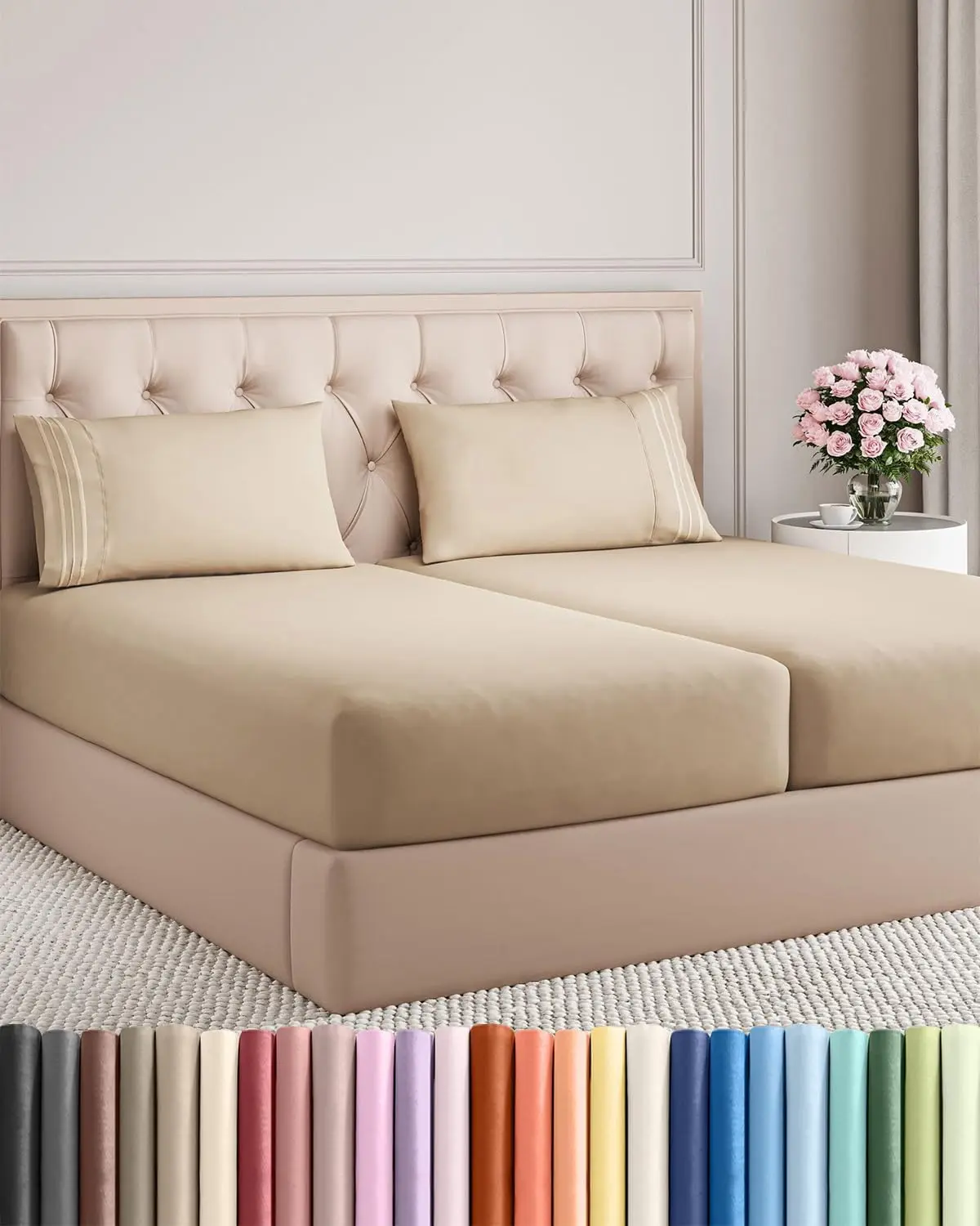 Split King Size 5 Piece Sheet Set - Comfy Breathable & Cooling Sheets - Hotel Luxury Bed Sheets for Women & Men - Deep Pockets, Easy-Fit, Soft and Wrinkle Free Sheets - Cream Oeko-Tex Bed Sheet Set