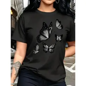 Butterfly Print Tee - Summer Casual Shirt, Flying Insect Aesthetic Top, Spring Garden Daily Wear,Regular length T-shirt suitable for both men and women, suitable for all seasons, for sports and casual wear.