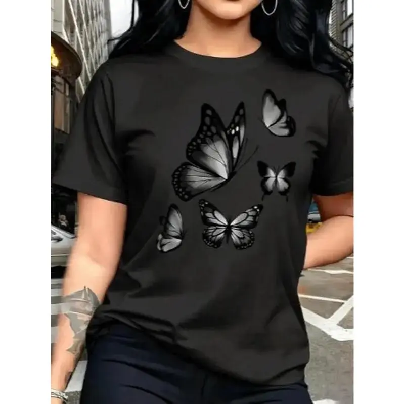 Butterfly Print Tee - Summer Casual Shirt, Flying Insect Aesthetic Top, Spring Garden Daily Wear,Regular length T-shirt suitable for both men and women, suitable for all seasons, for sports and casual wear. graphic tee