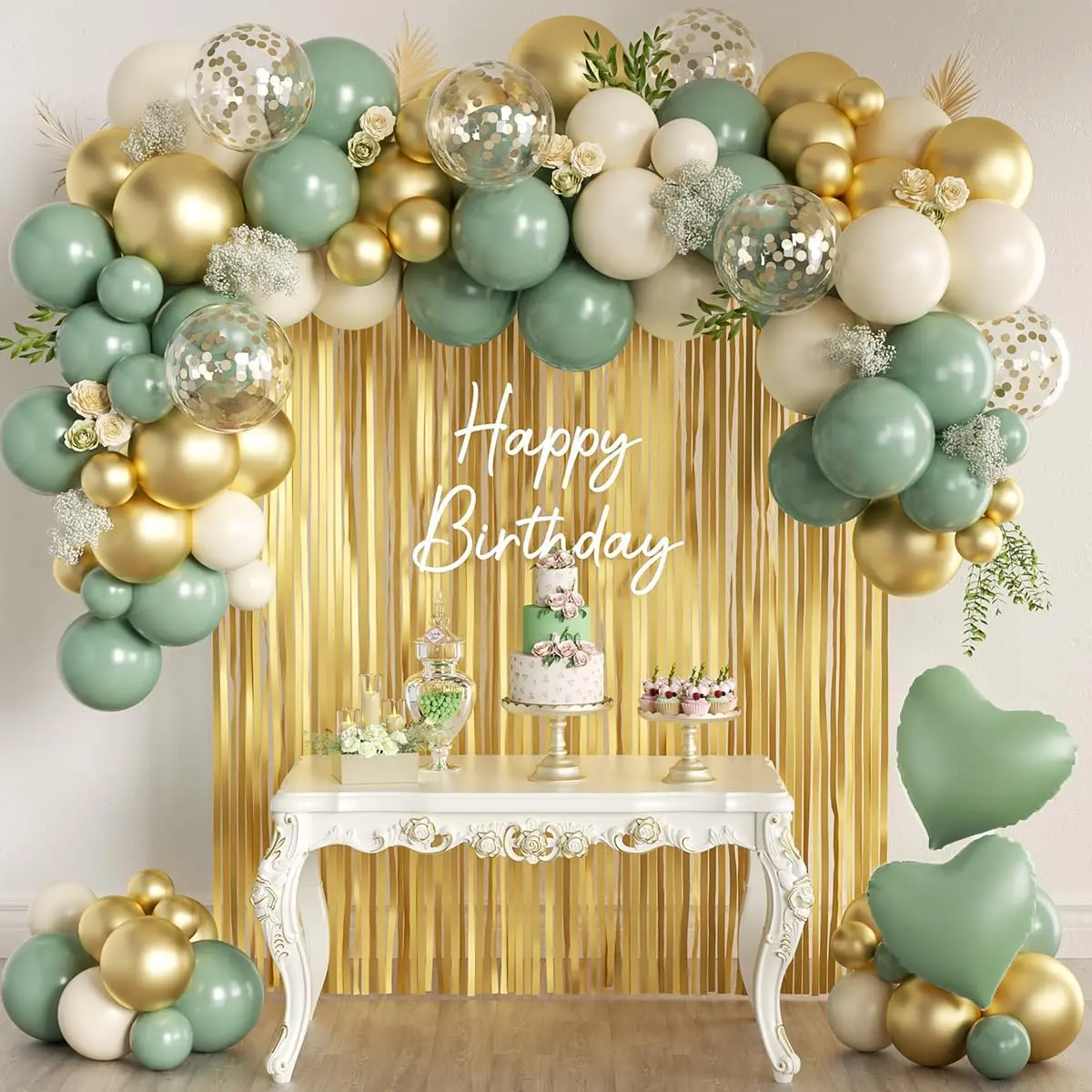 Sage Green Gold White Balloons Arch Kit with (157 PCS)| Latex Sage Green Balloon for Birthday Baby Shower Gender Reveal Weddings Bridal Shower Graduation Decorations