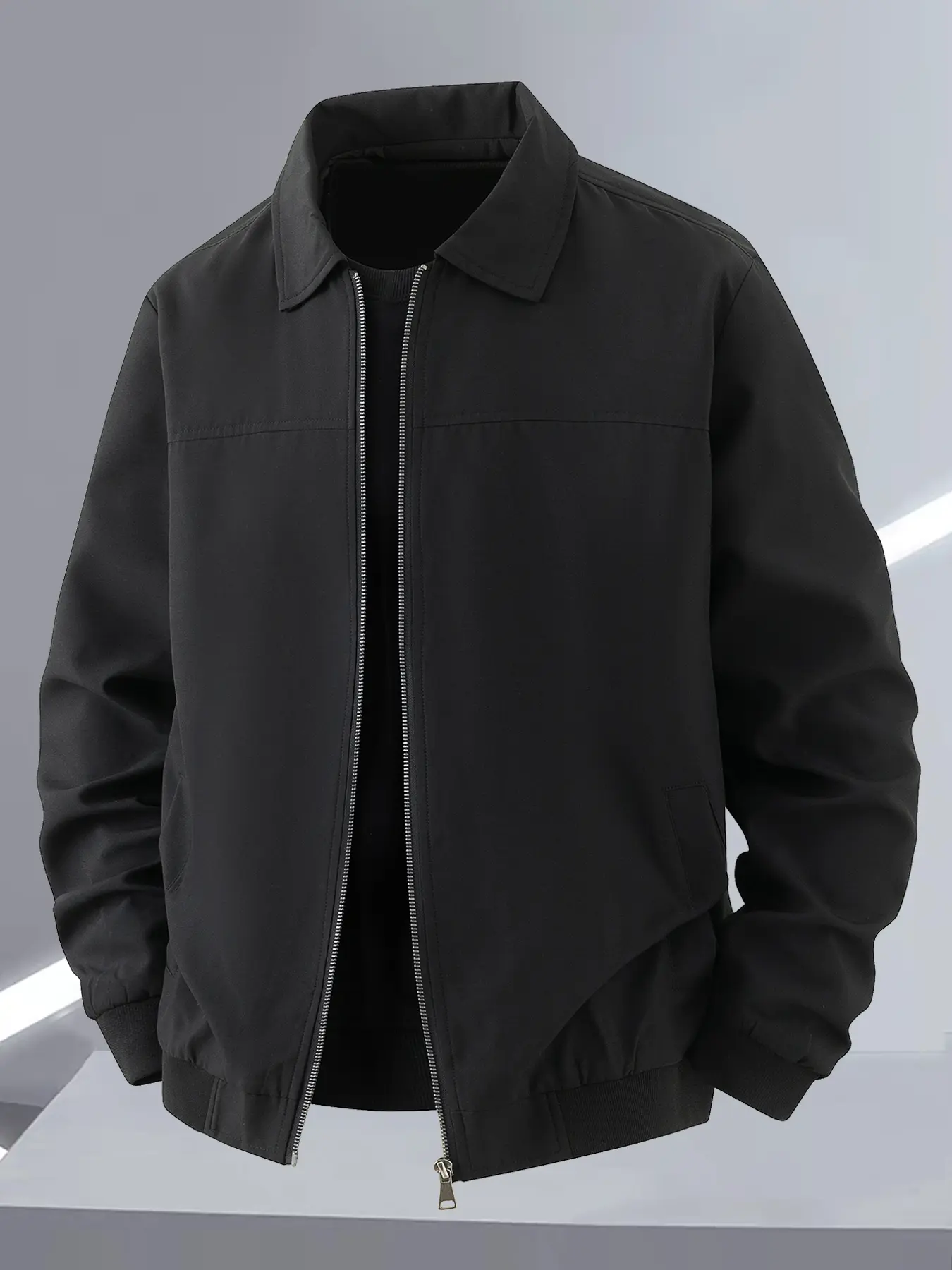 Men's Lightweight Casual Jacket, Zipper Closure, Stand Collar Design, Simple Men's Solid Color Outerwear, Easy Care Fabric